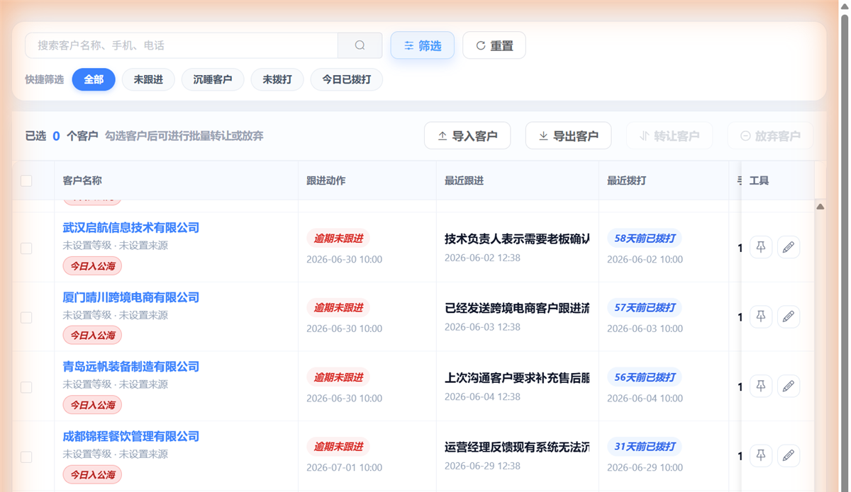 销生客CRM销售跟进列表，展示跟进动作、最近跟进和最近拨打状态